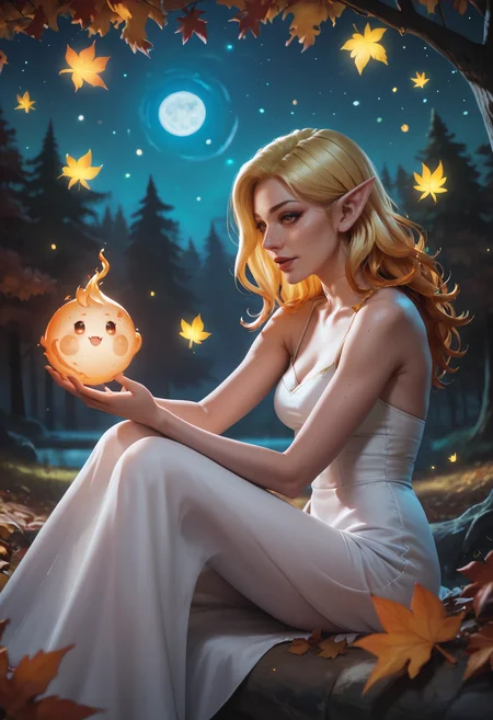 score_9, score_8_up, score_7_up, 1elf, sitting, sexy flirt pose, perfect face, side view, white dress, illumination fire ghost, blonde hair, fall leaves, Elven forest, yellow glow stars, autumn, dark night, glowing stars, such colors, realistic, <lora:Pony_DetailV1.0:1>,<lora:Concept Art DarkSide Style LoRA_Pony XL v6:0.7>, <lora:sinfully_stylish_SDKL:0.3>