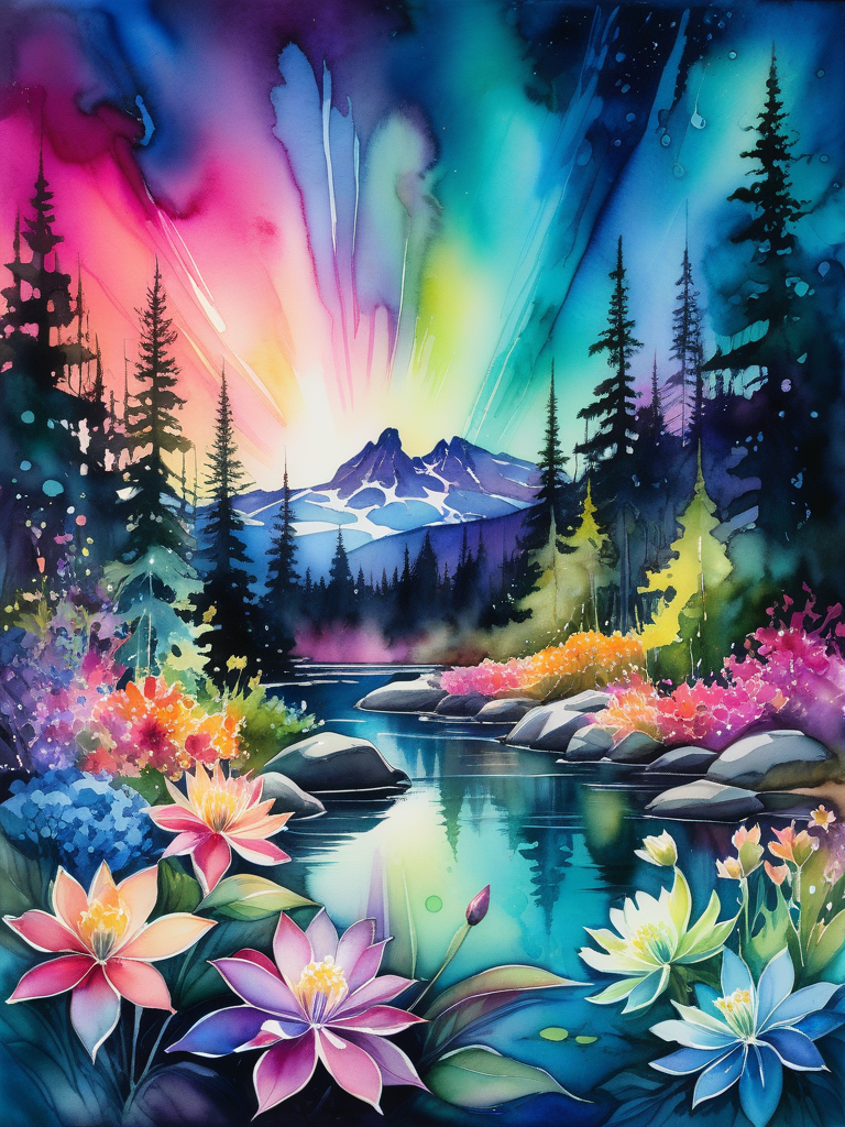 <lora:09WatercolorPainting_Hap_XL:1>,Winslow Homer style, watercolor painting, watercolor, A botanical garden is filled with bioluminescent flowers that Summer flowers and the Northern Lights, rendered in Jody Bergsma style with alcohol ink splatter effects, combining super realism, fantasy and intricate detail, 16K dolby vision impressionist quality, hyper-detailed texture, neon brightness, high dynamic range, bright vivid colors, octane rendering,