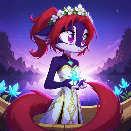 Dreamkeepers,Indi_and_Digo,1girl,solo,furry,tail,source_furry,,red hair,purple fur, purple eyes,
child, kid, masterpiece, best quality,
A surreal glitch-art landscape: a bird's-eye view of a small, intricately carved wooden boat adrift on impossibly calm, crystal-clear turquoise water, surrounded by lush, vibrant tropical islands under a star-dusted sky; a young girl in a flowing white tribal dress lies within, gazing serenely at the celestial tapestry above, her expression a blend of wonder and quiet contemplation, the scene subtly distorted by digital glitches, creating a dreamlike, otherworldly atmosphere.
A vibrant, bioluminescent deep-sea landscape, teeming with fantastical marine flora and fauna, glows with ethereal light mirroring the celestial nebulae above; a modern impressionistic fantasy, rich in jewel-toned hues, where phosphorescent jellyfish drift amidst colossal, glowing kelp forests, under a star-dusted sky, evoking a sense of wonder and mystery.