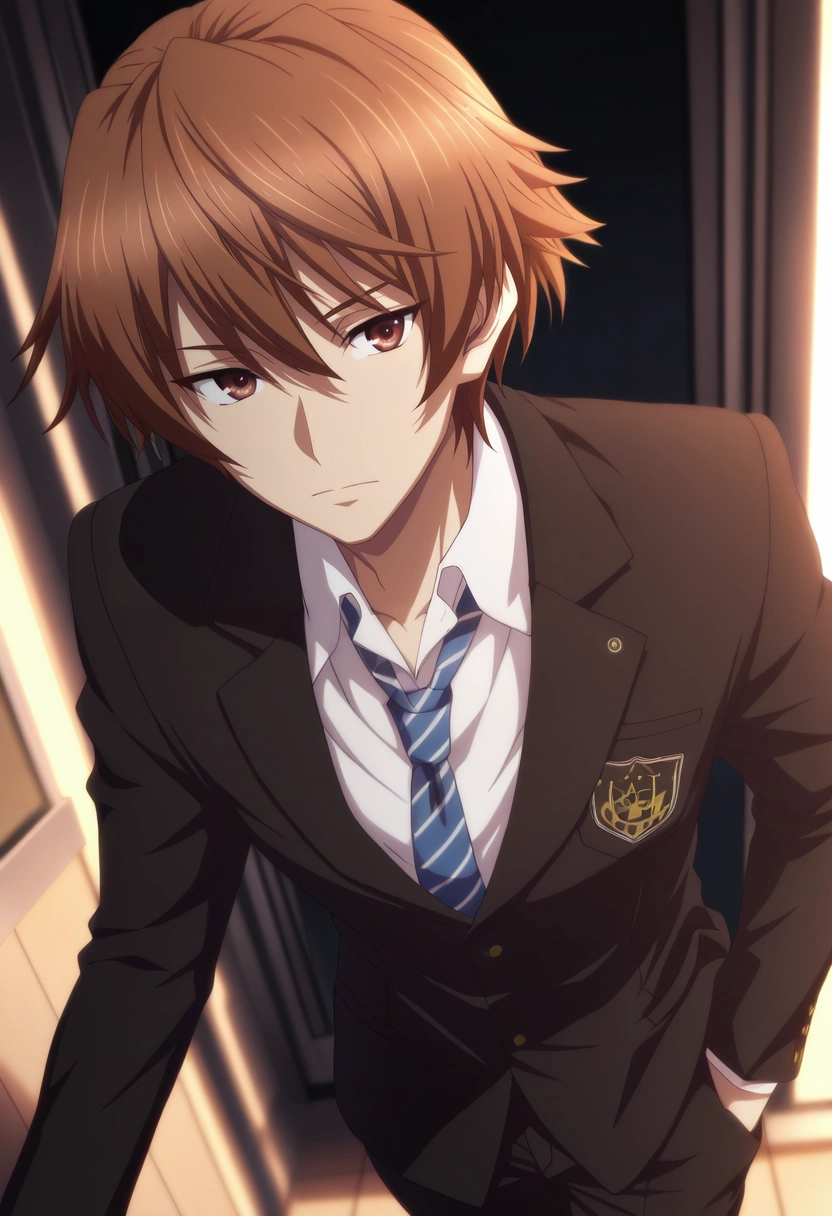 masterpiece, best quality, intricate details, (photorealistic:0.6), looking at viewer, 1boy, solo, male focus, <lora:takeya_iizuka_ilxl:1>, takeya_iizuka, brown hair, brown eyes, short hair, school uniform, black jacket, white shirt, collared shirt, blue necktie, striped necktie, black pants,