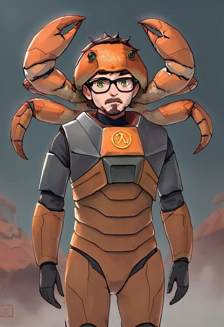 gordonfreeman, brown hair, short hair, facial hair, glasses, green eyes, power armor, crab on head