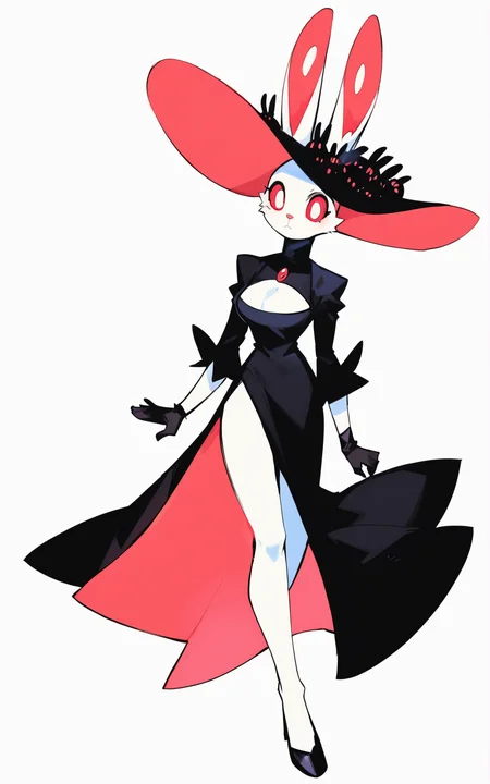 score_9, score_8_up, score_7_up,((best quality)), absurdres, ((full body)), <lora:BolivanteStyle:0.8>,  <lora:BunWitchPXL:0.8>,BunWitchPXL,hat, black dress, dress, cleavage, clothing cutout,side slit, black headwear,rabbit tail,cleavage cutout,long sleeves,red eyes, gloves,black gloves,black footwear, rabbit ears,furry, rabbit, rabbit girl, furry female, long dress,white fur, ears through headwear, animal nose, white background,slim,