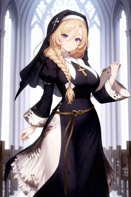 <lora:BrownDust2:0.8>,masterpiece,best quality,absurdres,intricate details,extremely detailed illustration,very aesthetic,official art,newest,1girl,solo,nun,braid,long hair,breasts,blonde hair,habit,large breasts,dress,jewelry,cross,long sleeves,necklace,hair between eyes,single braid,purple eyes,puffy sleeves,belt,bangs,hair over shoulder,juliet sleeves,black dress,cross necklace,wide_sleeves,
nun hood,elpis,smile,looking_at_viewer,cowboy_shot,long_skirt,dirty on clothes,church,indoor,depth of field,One-handed writing pad,holding,(arm_at_side),