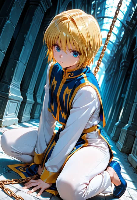 masterpiece, very aesthetic, absurdres, best quality, good quality, newest, highres,
hunter x hunter, kurapika,1boy, solo, blonde hair,blue tabard, long sleeves, short hair, blue eyes, pants, shoes, blue footwear,androgynous,holding chain
,dynamic angle abstract background, blurry background 
<lora:noobai_ep11_stabilizer_v0.178_fp16:1>
SmoothNegative_Hands