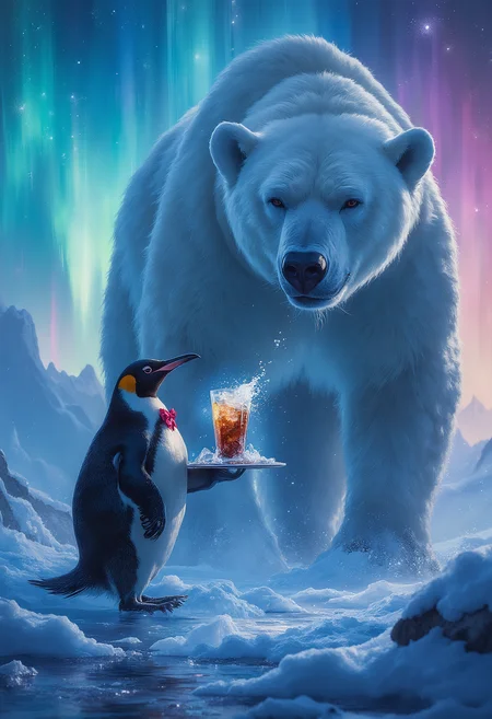 North Pole, A waiter penguin wearing a bow tie, carrying a tray with a coke bottle and a glass of ice, serving a Giant Polar Bear, back lit, aurora sky, Vibrant Glow
