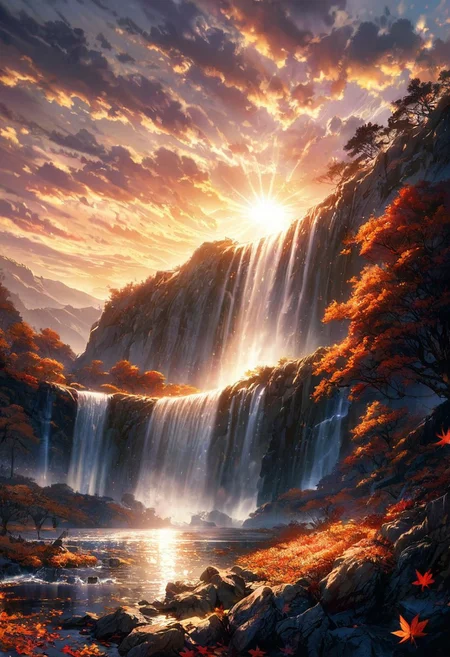 Breathtaking views, nostalgia, detailed landscape, mysterious, a miracle of nature, great lighting, Nature, autumn leaves, Waterfall, beautiful waterfall, day, sun, sunlight, sun reflected on the water, beautiful sky, beautiful view, mysterious glow, beautiful clouds, depth of field, masterpiece, best quality, 8k, ultra-detailed, very aesthetic, illustration, superb composition, finest details, intricate details, absurdres, high contrast, RAW, concept art,