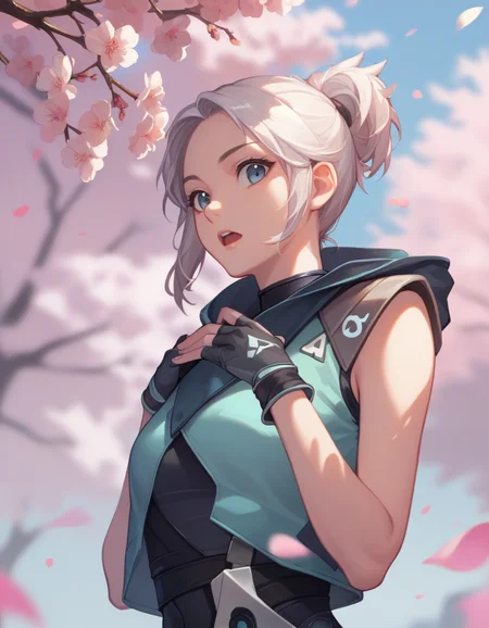 score_9, score_8_up, score_7_up, source_anime
<lora:jett-ponyxl-000020:1> j37t, bodysuit, cropped jacket, hooded jacket, fingerless gloves,
1girl, cherry blossoms, cowboy shot, from side, hand on own chest, looking at viewer, open mouth, petals, raised eyebrows, solo