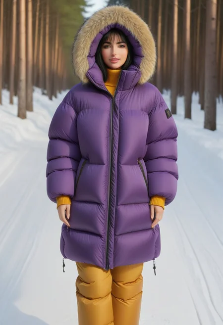 ((((puffer padded jacket)))), ((((puffer padded coat)))), ((((full body)))), ((((fur boots)))), ((((puffer pants)))), ((((puffer hood up)))), winter, snow, forest, 1girl, solo, (masterpiece), detailed face, detailed eyes, (beautiful detailed eyes:1.5), sidelighting, (super detail, hyper detail, intricate_details, detailed), (semi realistic:1.6), (Bob cut), blunt bangs,(black hair), (purple eyes, eyelashs), tanned skin, smug smile, angry face, Golden jewelery, golden rings, golden necklace, golden armlets, golden chains, padded cuffs, padded collar, Thick padded cuffs, Thick padded collar, <lora:Collar-SDXL:0.6>, <lora:Cuffs-SDXL:0.6>, <lora:Puffer_Jacket_and_Down_Jacket_-_Extra_Puffy_Jackets:0.4>, <lora:snowpants_v1:0.4>