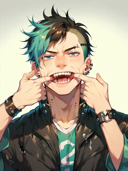 score_9, score_8_up, score_7_up, score_6_up, score_5_up, <lora:mouthpullXLP:1> mouth pull, finger in own mouth, 1boy, punk