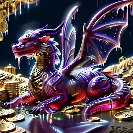 1dragon, highly detailed deep purple dragon, deep purple dragon made out of slime, scaly deep purple slime dragon, slime dragon with red eyes, deep purple slime dragon laying in its hoard, blue slime dragon with wings, dragon wings, detailed claws, detailed feet, detailed tail,
multi-colored gems made out of slime, in a room of treasure made out of slime, gold coins and bars made out of slime, piles of coins, piles of gold slime coins, piles of gold slime, tiny gold slime coins,
treasure-room, treasure, gemstone, coins, gold bars, gold pile,
everything made of slime, No simple background,
((translucent slime)), ((transparent slime)), (bioluminescent slime), sl1m3, slime, ais-blmn, watce, je11y, thickwater, great lighting, ral-lava, even lighting, no bright spots, saturated colors,
