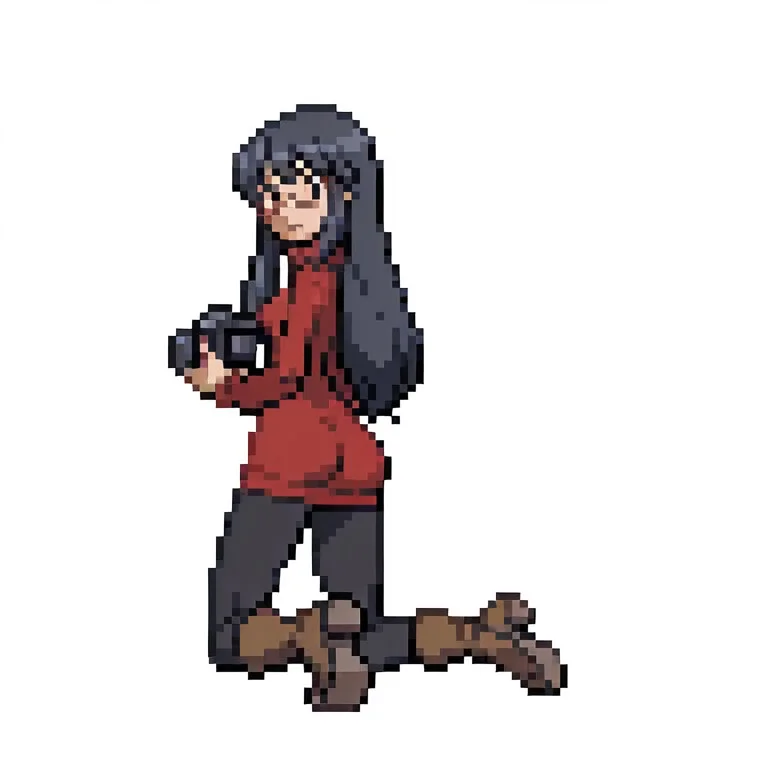 1girl, solo,
full body,
from behind, looking back, ass,
kneeling,
reikagami,
black hair, long hair, brown eyes,
glasses,
red turtleneck sweater dress, black leggings, brown boots,
holding camera