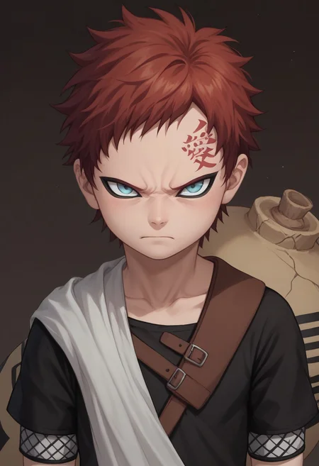 score_9, score_8_up, score_7_up, highly detailed, cute boy, 1boy, solo, young, Gaara, Red Hair, Pale Blue Eyes, Facial Mark , Black Short sleeve shirt, White Cloth Sash, leather strap, gourd, no eyebrows, angry psychotic smirk
