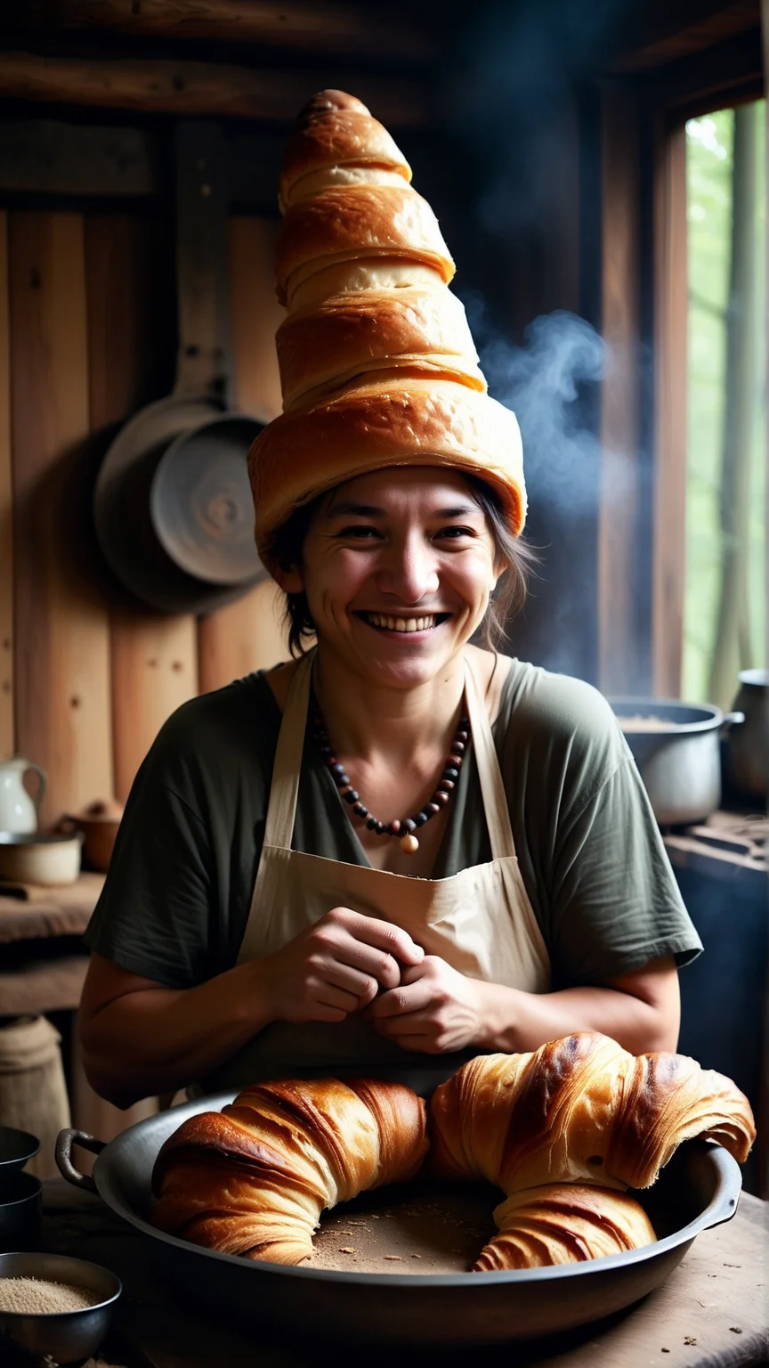 Cinematic photo of <lora:CroissantStyleXL:1> CroissantStyle portrait, looking at viewer, solo, half shot, detailed background, detailed face, (<lora:AbsinthePunkAI:0.5>, AbsinthePunkAI theme:1.1), warm smile, shaman, wearing (Brown:0.7) witch hat, beaded necklace, rustic hut in the forest, indoors, cluttered dirty kitchen, parchment, kitchen mortar, steaming iron cauldron, decoction, small boxes on shelves, herbs, mushrooms, beads, dark sinister atmosphere, dim lighting, in location: enchanted forest clearing, detailed background, dynamic angle, atmospheric