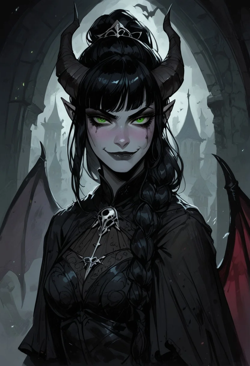 score_9, score_8_up, score_7_up, BREAK, 1woman portrait, beautiful, dramatic lights ((Succubus, Demon Girl, Succub, horns, seductive, seductive look, goth, goth girl, goth makeup, green eyes, wings, bat wings grey skin, grey colored skin, black hair, long braided ponytail, bangs, side bangs, happy, smug))
<lora:Fant5yP0ny:0.6> <lora:fantasy_world_pony:0.9>
<lora:Cherry-Gig:0.55>