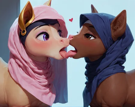 score_9, score_8_up, score_7_up, (feral), 2boys, ((pony femboys)), cute faces, ponies, brown fur, fur body, brown body, cute Ñow face, (yaoi , petite), (masterpiece), best quality, horse ears, (duo), duo femboys, horse nose, pink nose, detailed eyes, chubby, sissy, 4k, best quality, SkinHairDetail, portrait, <lora:syurof:0.8>, (syuro, femboys kissing, tongue kiss, horny, tongue out, french kiss), horse, <lora:ponydiff_styles:0.5>, <lora:AnimeKiss:0.8>, <lora:sister_and_little_brother_V2:0.8>, <lora:perfection style:0.4>, perfection style, perfection, <lora:Tongue_Sucking:0.3>, (burqua, hijab), <lora:hijabdress:1>,