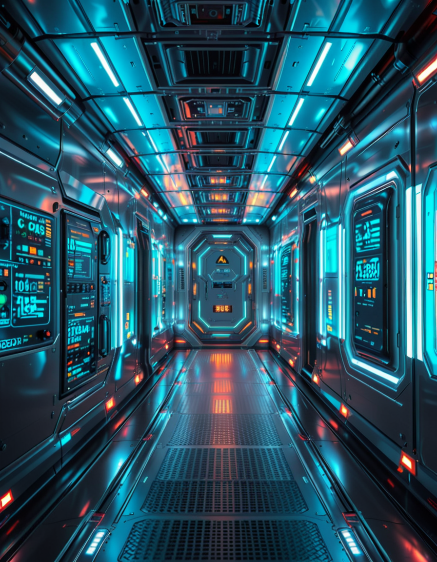 A highly detailed futuristic spaceship corridor, illuminated by soft neon blue and purple lights. The walls are made of sleek metallic panels, with glowing circuits and holographic displays integrated into the design. The floor is reflective and polished, with a faint grid pattern that emits a subtle white glow. Pipes and cables run along the ceiling, interspersed with small ventilation grids and blinking lights. The corridor stretches into the distance, creating a sense of depth, with a slight curve that hints at the massive scale of the spacecraft. The atmosphere feels clean, modern, and slightly sterile, with a sci-fi aesthetic inspired by movies like Blade Runner and Star Wars. The overall lighting is ambient and slightly dim, accentuating the futuristic ambiance. No characters or people are present, focusing entirely on the corridor's architecture and design.<lora:SDXLFaeTastic2400:0.4> <lora:extremely_detailed:0.4> extremely detailed, <lora:futuristic_spaceship_c0rr1d0r:1>,futuristic spaceship c0rr1d0r, Masterpiece,best quality,hi res,8k,hi res,8k,award winning,(sharp focus, intricate, highly detailed),