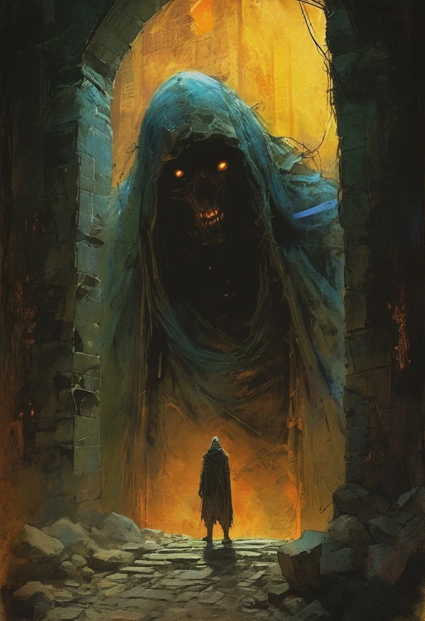 In the shadowy streets of Sigil's Hive, a weary Nameless One stumbles upon an ancient, forgotten portal embedded in a crumbling alleyway wall. The air around the portal crackles with dark energy, while mysterious glyphs glow faintly on the stone surface. Morte hovers nearby, his skeletal grin betraying concern as the Nameless One contemplates the dangerous unknown that lies beyond,
realistic,
, the scene is captured in dimly lit dark fantasy but vibrant colors, with bold ink lines defining form against the watercolor wash of the aged paper