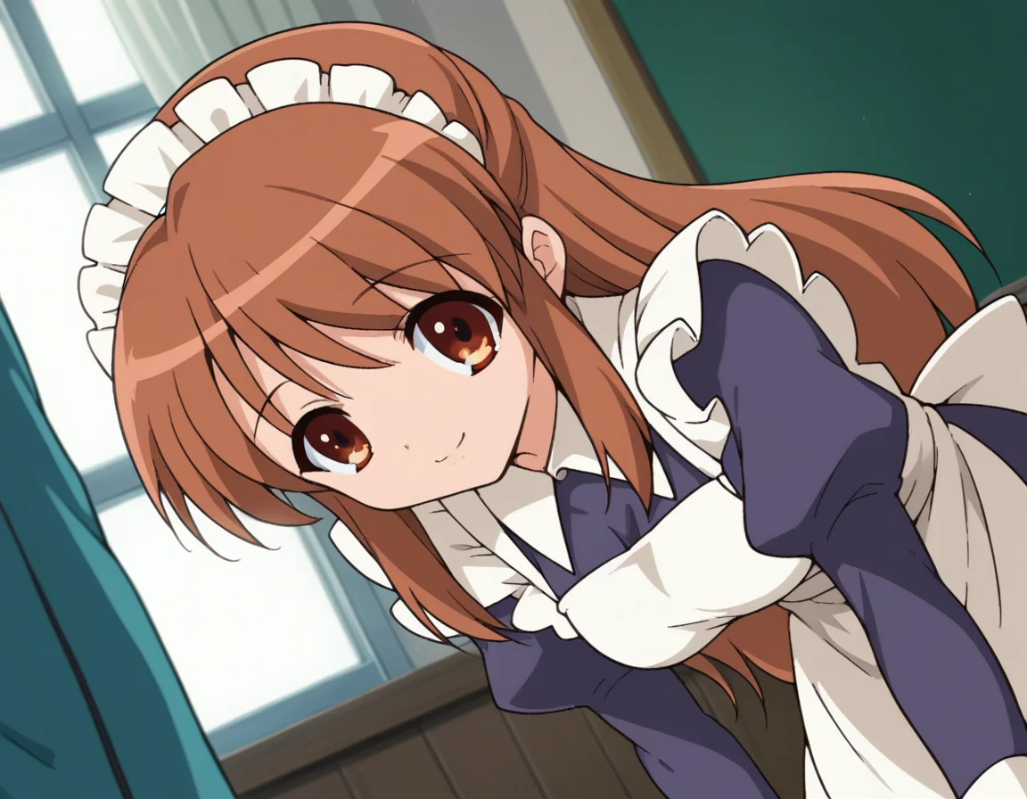 score_9, score_8_up, score_7_up, source_anime,
mikuruasahina, <lora:mikuru-asahina-s1-ponyxl-lora-nochekaiser:1>,
mikuru asahina, long hair, brown hair, brown eyes,
long sleeves, apron, maid, maid headdress,
indoors, classroom, bent over, smile,
looking at viewer, dutch angle, cowboy shot, solo,