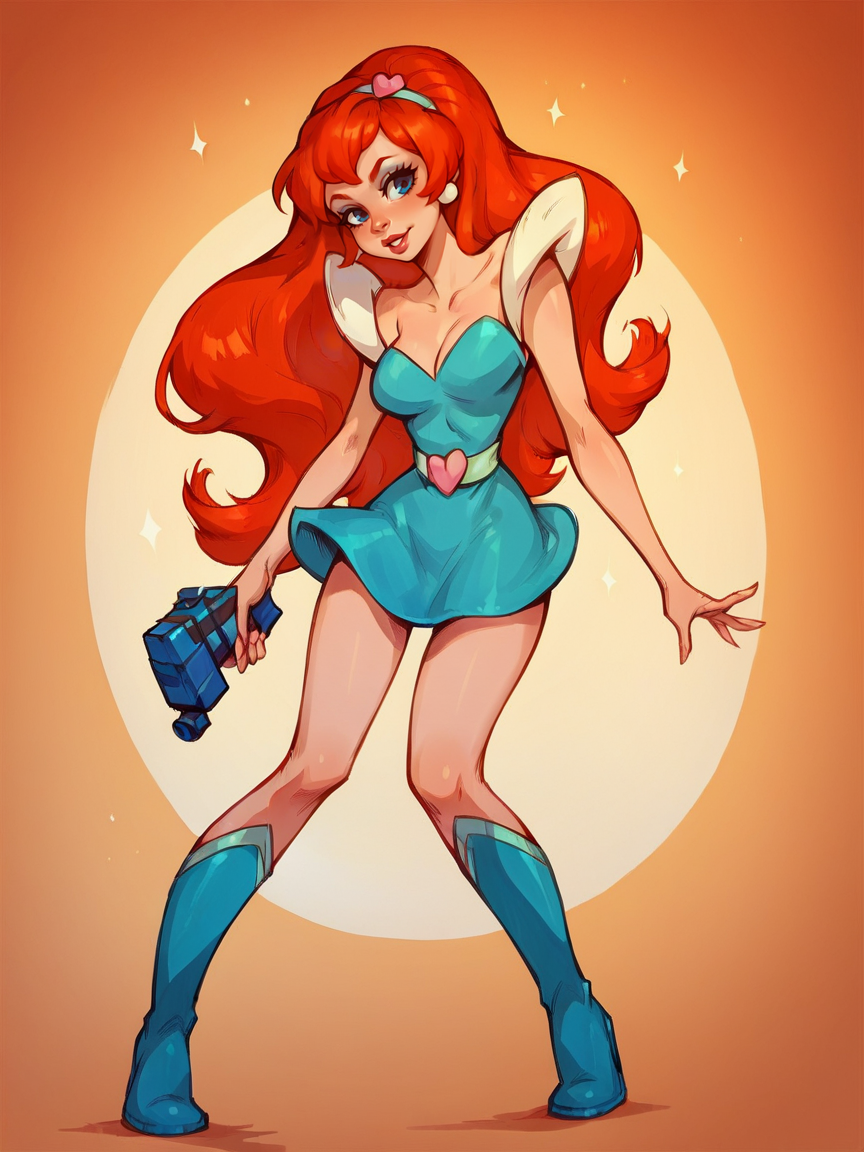 score_9, score_8_up, score_7_up, score_6_up, score_5_up,   <lora:kimberlySAXLP:1> kimberlysa, 1girl, solo, long hair, orange hair, blue eyes, makeup, energy gun, knee boots, dress