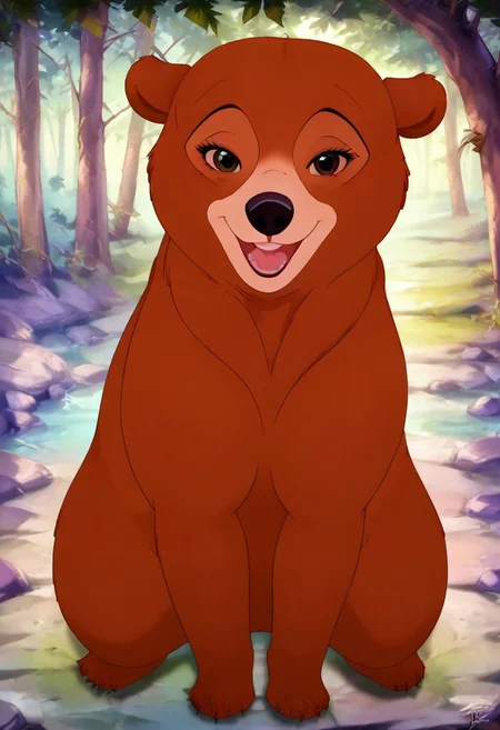 Bear, cartoon, female, Nita, Disney, 2d, detailed forest background, bipedal, full body, <lora:J_cartoon:0.7>, j_cartoon, <lora:MeekoXL:0.9>, Disney, score_9, score_8_up, score_8, solo, (feral), detailed fur, ((happy expression)), ((looking at viewer seductively:1.6)), breathtaking, environmental lighting, professional, highly detailed, ((detailed shaders)), beautiful, high quality, night-time, outdoors, dark forest, <lora:Furtastic_Detailer:1>
