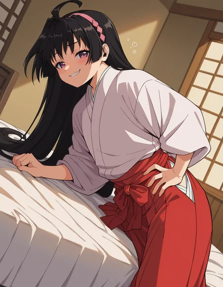 score_9, score_8_up, score_7_up, source_anime, <lora:ayako-mochizuki-s1-ponyxl-lora-nochekaiser:1>, ayako mochizuki, long hair, black hair, purple eyes, ahoge, hairband,, skirt, japanese clothes, hakama, miko, red hakama,, indoors, bed, bed room, on side, blush, drunk,, smile, , smug, hand on hips,, solo,, cowboy shot, dutch angle