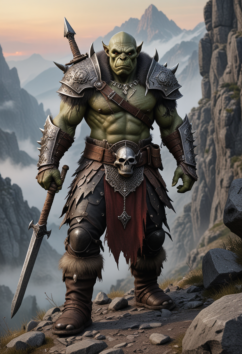 (medium full shot) of (intimidating orc) young,   warlord, wearing Skull-adorned helm, mail shirt, leather pauldrons, chainmail gloves, studded greaves, fur-lined boots, holding wielding spiked mace, set in the orcish lands, in  Rugged mountain path, narrow and treacherous, edged with sharp rocks, leading to a high peak, covered in a thin layer of mist , at dusk, Masterpiece,best quality, photo, realistic, very aesthetic, detailed face,