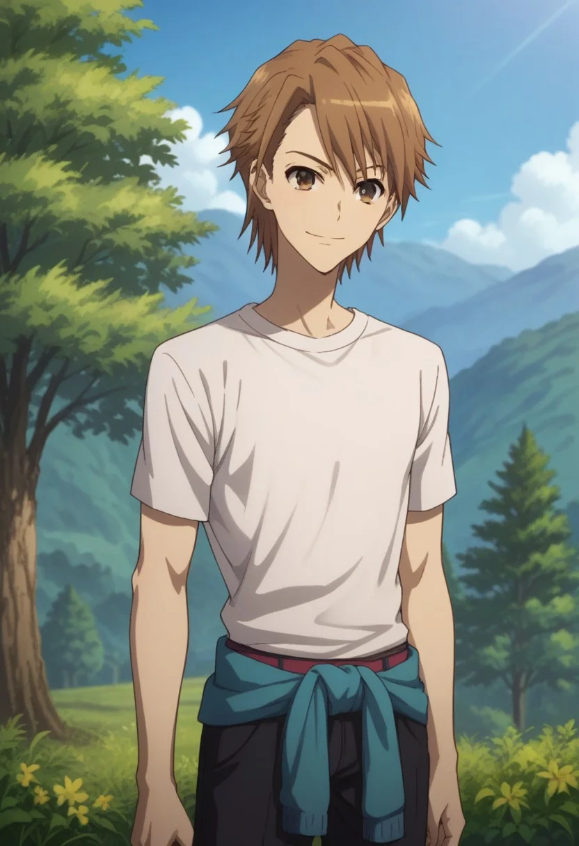 score_9, score_8_up, score_7_up, source_anime, highly detailed,
naoya, 1boy, solo, brown hair, short hair, male focus, brown eyes, smile, pants, black pants, jacket around waist, t-shirt, white t-shirt, short sleeves, upper body, closed mouth
outdoor, sky, tree
