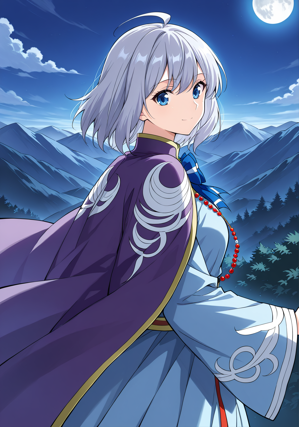 <lora:Dan_Chen__Battle_Through_the_Heavens__Illustrious:1>
1girl, solo, silver hair, short hair, ahoge, anime style, bangs, soft expression, blue eyes, 
long robe, traditional clothes, fantasy outfit, purple cloak, wide sleeves, long sleeves, sleeves past fingers, blue inner dress, gradient design, moon pattern, decorative embroidery, formal uniform, layered clothing, blue bowtie, ribbon brooch, gemstone brooch, bead necklace, moon-themed outfit, detailed trim, 
score_9, score_8_up, score_7_up, source anime, BREAK, cowboy shot, (from side), looking back, looking at viewer, overlooking mountain, high altitude, scenery, exterior, background, (solo),