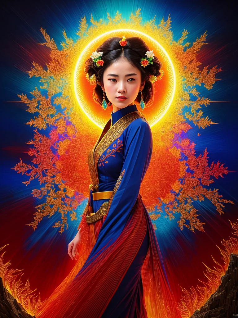 beautiful young woman, by Hokusai and James Gurney + Dark yellow paper with intricate and vibrant blue line work:: Tarot Card:: Mandelbulb Fractal + Full of red layers + symmetrical Portrait + Trending on Artstation + Incredible mayan illustration + Exquisite detail, ultra soft pastel, technicolor, cinematic lighting, reflections, HDR, 8k resolution, cinematic film still, smooth, sharp focus, realistic, strobe lightbeams, ((backround defocused)):1.7, (((depth of field))):1.8, cinestill 800t 35mm, high quality, heavy grain, high detail, cinematic composition, dramatic light, anamorphic, ultra wide lens, hyperrealistic