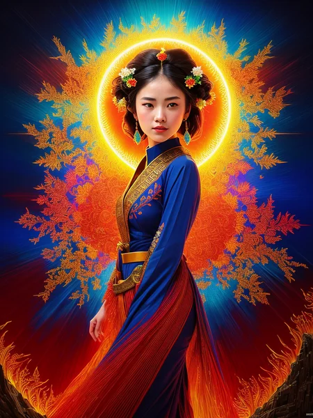 beautiful young woman, by Hokusai and James Gurney + Dark yellow paper with intricate and vibrant blue line work:: Tarot Card:: Mandelbulb Fractal + Full of red layers + symmetrical Portrait + Trending on Artstation + Incredible mayan illustration + Exquisite detail, ultra soft pastel, technicolor, cinematic lighting, reflections, HDR, 8k resolution, cinematic film still, smooth, sharp focus, realistic, strobe lightbeams, ((backround defocused)):1.7, (((depth of field))):1.8, cinestill 800t 35mm, high quality, heavy grain, high detail, cinematic composition, dramatic light, anamorphic, ultra wide lens, hyperrealistic