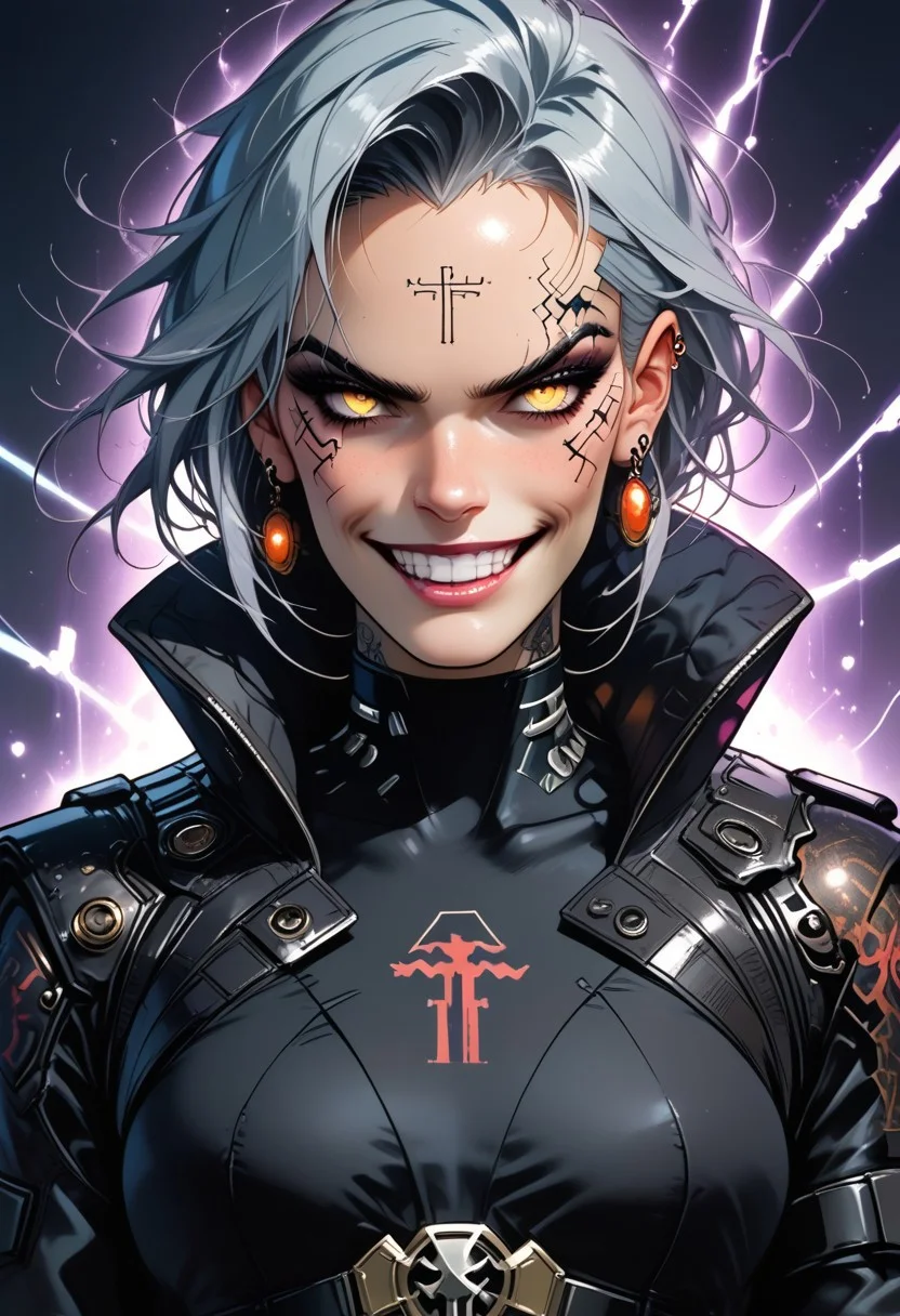 A shadowy figure with a mischievous grin, the chiaroscuro schlocky satellite hacker rests in a dimly lit room surrounded by glowing screens and tangled wires. This image is a vivid photograph capturing the essence of cyberpunk noir. The hacker's pale, ghostly complexion contrasts sharply with the neon lights reflecting off their slick black leather jacket and silver cybernetic enhancements. The details are crisp and clear, highlighting the intricate tattoos that wind their way up the hacker's arms, telling a story of rebellion and defiance. The overall atmosphere is electric and tense, drawing viewers into a world of high-tech espionage and underground dealings.