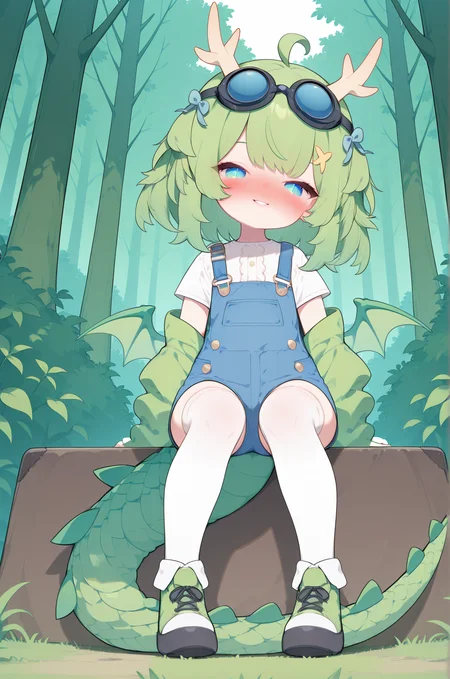 masterpiece,best quality,amazing quality, DragonGirlMPVTILXL, 1girl, blue eyes, slit pupils, green hair, short hair, bangs, ahoge, horns, hair ornament, blue bow, black goggles, goggles on head, green wings, dragon tail, flat chest, green jacket, white shirt, short sleeves, blue overall short, white thighhighs, green shoes, solo, full body, sitting, ((bellow view)), seductive smile, looking at viewer, naughty face, nose blush, forest, tree <lora:DragonGirlMPVTILXL:1>