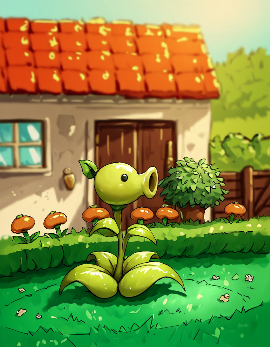 score_9, score_8_up, score_7_up, score_6_up, score_5_up, score_4_up, source_anime, , peashooter, creature, garden, grass