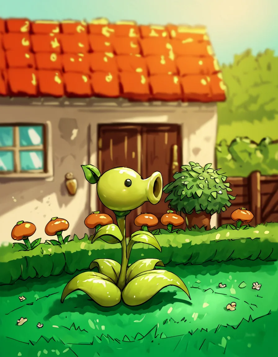 score_9, score_8_up, score_7_up, score_6_up, score_5_up, score_4_up, source_anime, , peashooter, creature, garden, grass