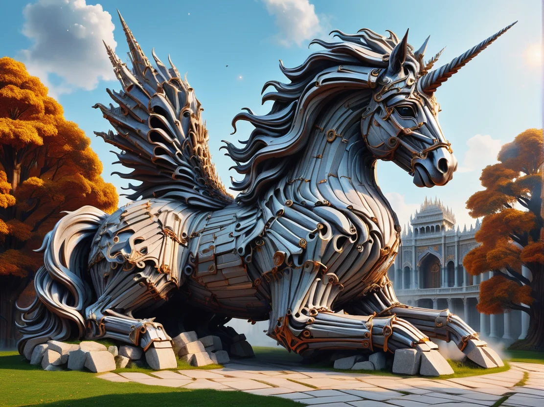 hyper detailed masterpiece, dynamic, awesome quality,DonMCr0wB4rXL celestial unicorn palace, marble stone, bonfires, wall washers (exterior) <lora:DonMCr0wB4rXL-000008:1>