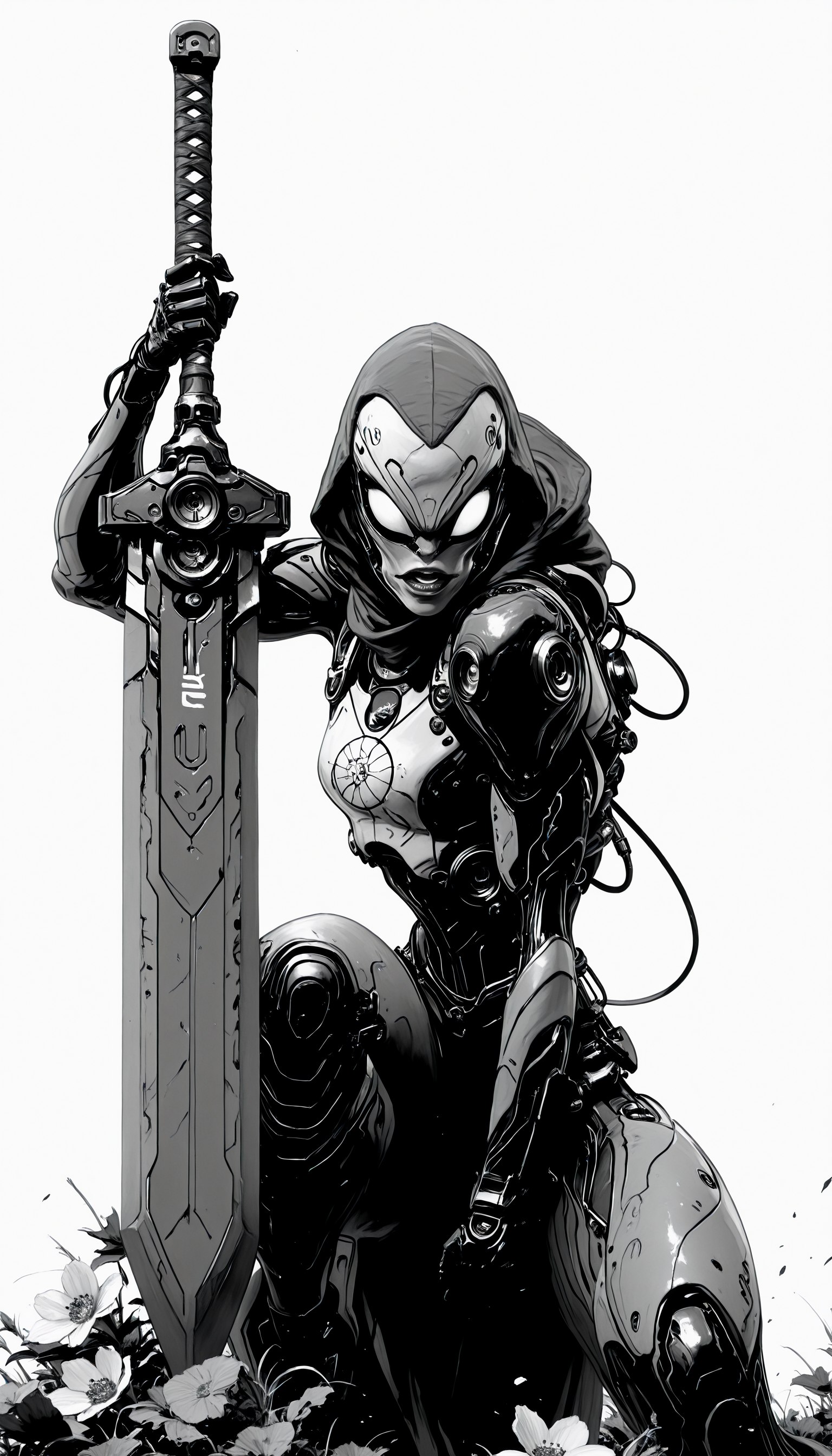 holding weapon, fighting stance, holding  buster sword,huge weapon,, WCG-Illu,, kaarea masterpiece, best quality, high quality, ultra-detailed, realistic,  traditional media, vivid_color, high contrast, speed lines, move_effects, action Create a detailed black and white sketch of a humanoid figure with a futuristic design. The figure's head is tilted slightly to the right, revealing a face with a pronounced nose, large eyes, and a slightly open mouth. The face is adorned with intricate mechanical details, including gears, tubes, and other mechanical components, giving it a complex and technological appearance. On the left side of the face, there's a circular object with a flower-like design, which could be interpreted as a part of the head or a decorative element. The overall style should reflect a fusion of realism and fantasy, with a focus on the interplay of light and shadow to create depth and dimension. solo, simple_background, white_background, greyscale, parted_lips, no_humans, traditional_media, robot, ink_\(medium\),    holding weapon, fighting stance, holding  buster sword,huge weapon,, WCG-Illu,, kaarea