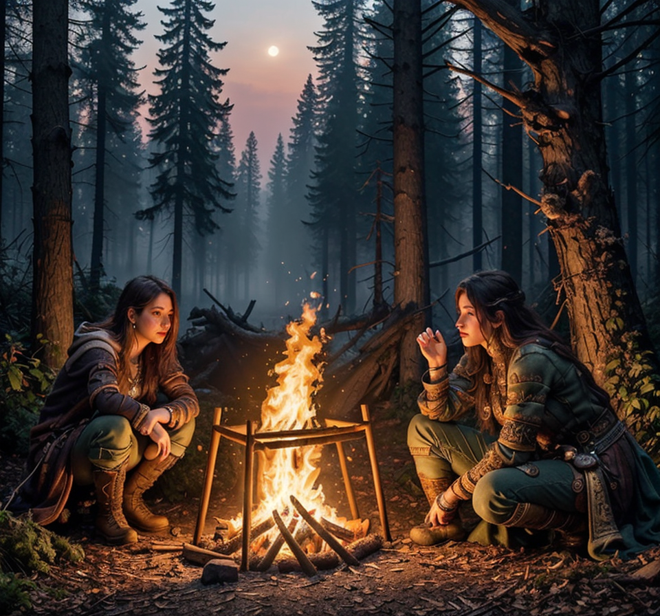 RAW photo, (masterpiece:1.3), subsurface scattering, heavy shadow, (high quality:1.4), (intricate, high detail:1.2), professional photography, HDR, High Dynamic Range, realistic, ultra realistic, photorealistic, high resolution, film photography, ambient lighting, atmospheric effects, <lora:detail_slider_v4:2>, OverallDetail,  <lora:Campsite:0.6>, and, around, campfire, fire, front, moon, people, the, with, women, woods, epiCPhoto