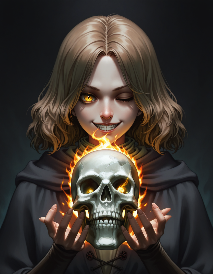 1girl, close-up, dark and cold palette, glowing eyes, sinister grin, holding skull, eerie flames, sharp shadows, gothic, fantasy, horror elements, dark magic, supernatural, glowing effects, magical aura, intricate details, intense expression, surreal, captivating, mysterious atmosphere, dark fantasy, dramatic lighting, dark background, intricate design , (masterpiece, best quality, ultra-detailed, absurdres, newest, detailed textures, correct anatomy, very aesthetic:1), melina \(elden ring\), short hair, brown hair, yellow eye, one eye closed , <lora:Sabu_Art_Style_IL:1>, sabudenego