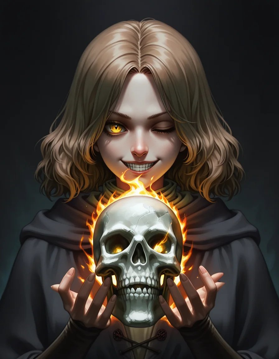1girl, close-up, dark and cold palette, glowing eyes, sinister grin, holding skull, eerie flames, sharp shadows, gothic, fantasy, horror elements, dark magic, supernatural, glowing effects, magical aura, intricate details, intense expression, surreal, captivating, mysterious atmosphere, dark fantasy, dramatic lighting, dark background, intricate design , (masterpiece, best quality, ultra-detailed, absurdres, newest, detailed textures, correct anatomy, very aesthetic:1), melina \(elden ring\), short hair, brown hair, yellow eye, one eye closed , <lora:Sabu_Art_Style_IL:1>, sabudenego