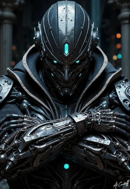 The obsidian sentinel looms in the void, its polished exoskeleton drinking in the spotlightâs molten glowâevery seam a razorâs edge, every curve a silent threat. The triple azure sigils on its face pulse like a slow, mechanical heartbeat, the central visor burning into your soul with the weight of a thousand unspoken calculations. Its crossed arms arenât casual; theyâre a locked vault of dormant violence, the clawed fingers of its right hand digging into its own shoulder as if restraining something primal beneath the shell. The matte gray abyss around it isnât emptyâitâs waiting. And when the light flickers, just for a second, you swear its plates ripple., Recypu style<lora:CustomFlux/MysticFantasy.safetensors:0.25000000000000006:0.25000000000000006> <lora:CustomFlux/MysticRealism.safetensors:0.7500000000000001:0.7500000000000001> <lora:Flux/Cyberpunk Realistic V1.safetensors:0.5000000000000001:0.5000000000000001> <lora:Flux/Epic-Characters_v1.safetensors:0.25000000000000006:0.25000000000000006>