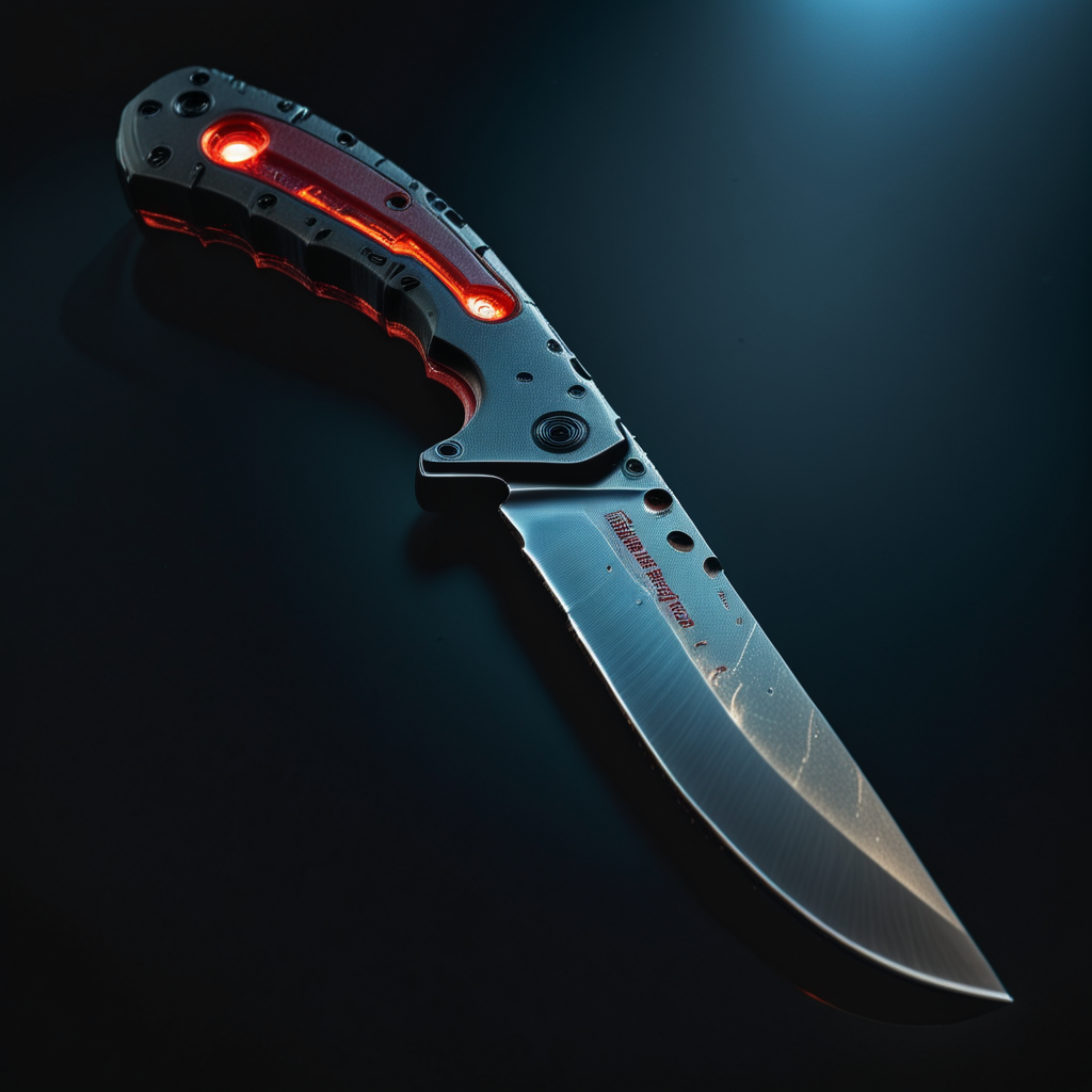 photo focus on military knife, view,  boxy design, from above, science fiction, glowing cyberpunk, translucent, <lora:IteMaker-v1e3:1>, black background, red theme  , film, professional, 4k, highly detailed, grit, (rust:0.65), cracks, cracked surface, subtle messy, dust, weary, edges rusty dusty, surface scratches, peeled sun bleeched paint, smudges, crumbles, rugged, used