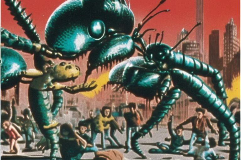 a giant insect attacking people on a street in the style marsattacks