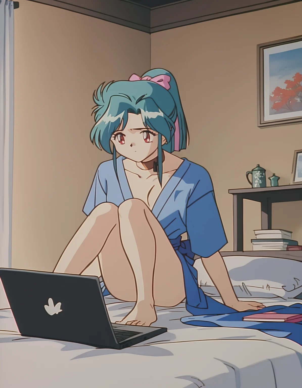 score_9,  score_8_up, score_7_up, source_anime,  1girl, solo, <lora:diana-minerva-ponyxl:0.9> mnkda, short kimono, ponytail, sitting, laptop, bedroom