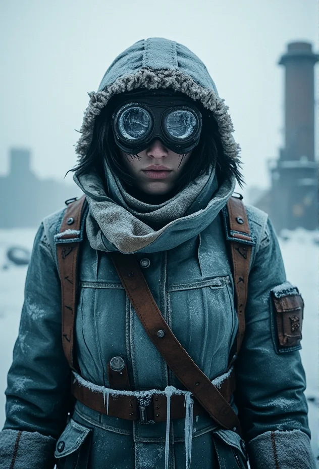 A medium shot of a weary figure in a heavy, frost-covered winter coat, facing slightly away from the camera with a distant, hardened expression, layers of snow and ice clinging to their worn clothing, steampunk goggles resting on their forehead, surrounded by a heavy snowfall and the faint silhouette of industrial structures in the background, creating an intense, melancholic atmosphere .bv-fropunsty<lora:bv-frostpunk-style-v1.safetensors:1.0:1.0>