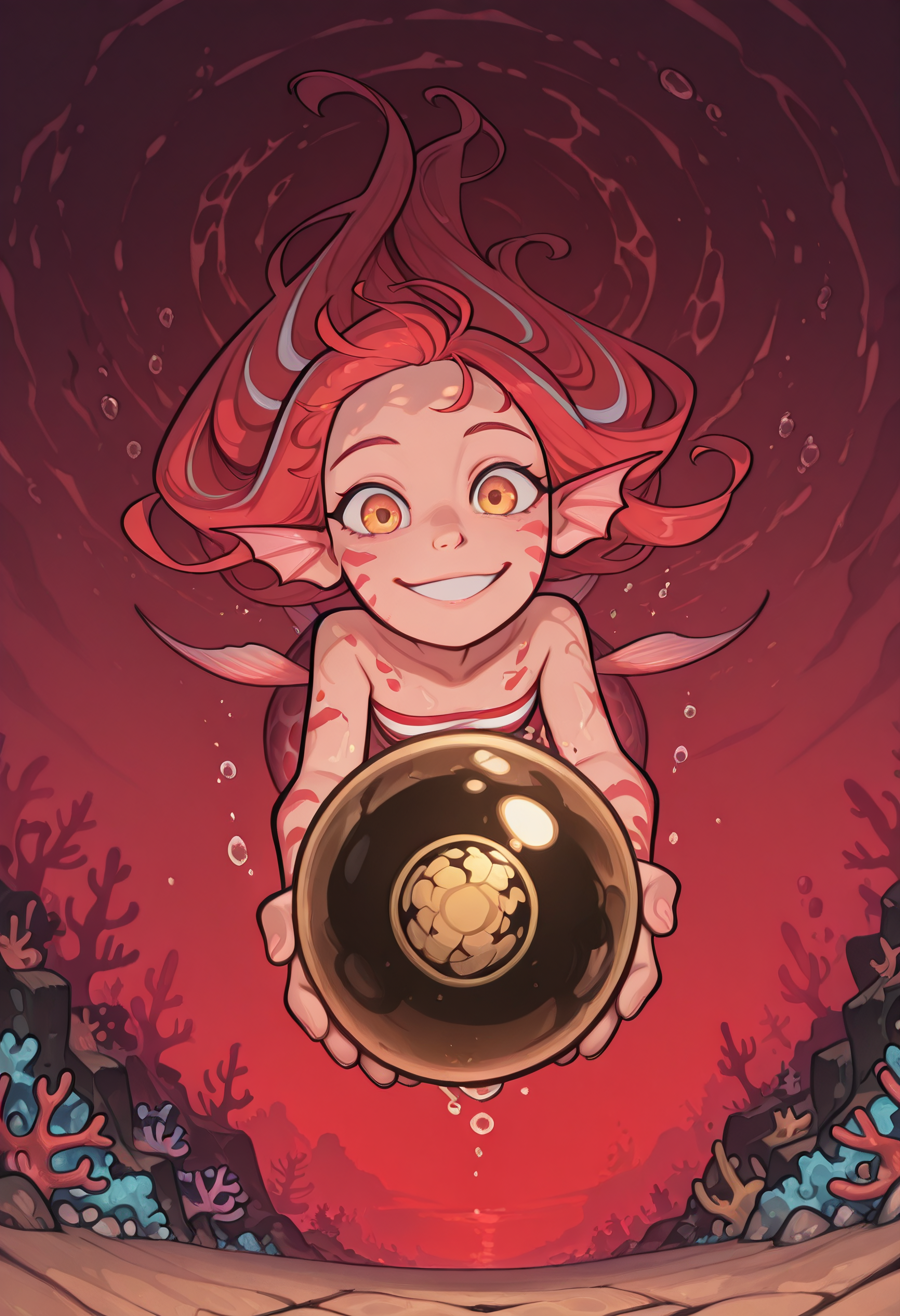 masterpiece, best quality, high resolution, very aesthetic, absurdres, dappled lighting, extreme perspective, dutch angle, 1girl, energetic lionfish mermaid woman in starfish top, messy red and white streaked floating hair, flowing in the underwater current, red and white striped scales, spiky fins, big smile, holding a golden orb from an underwater treasure chest, foreshortening, dynamic action scene, outside, background of a vibrant coral reef, <lora:Smoove_-_Bridgetoons_v2:1> smoove <lora:iro_mugen_style_b:.7> iro_mugen_illu