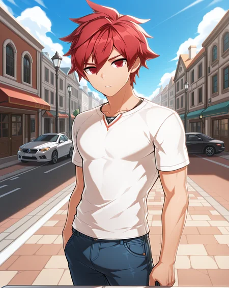 masterpiece,best quality,amazing quality, newest, very aesthetic, absurdres,
1boy, solo, yaoi, male focus, looking at viewer, cowboy shot, standing,
<lora:Elsword_Knight_Emperor_ilxl:1> elswordke, red hair, red eyes,
white shirt, jeans, sneakers,
outdoors, day, blue sky, building, street, road, lamppost, car,