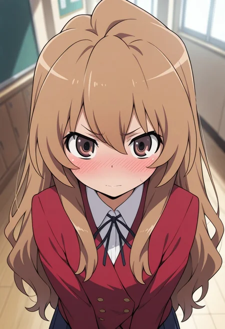 masterpiece,best quality,amazing quality, aisaka taiga, brown hair, long hair, brown eyes, 1girl, solo, oohashi high school uniform, blush, school uniform, jacket