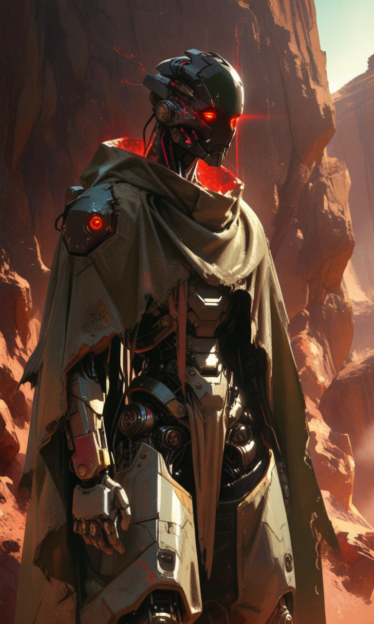 a humanoid figure with a robotic or cybernetic head glowing red eyes and intricate mechanical armor. draped in a cloak and is seated against a rocky backdrop. realistic yet futuristic style, <lora:- iLL - the_edgy_mech_V2.0-step000013500:.8>