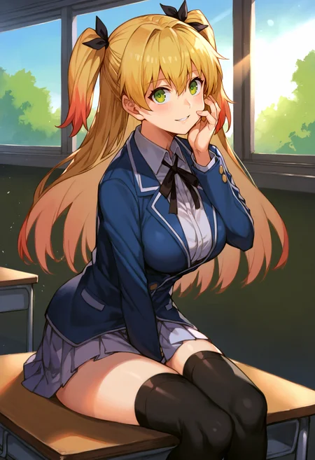score_9, score_8_up, score_7_up, score_6_up, score_5_up, score_4_up,
gradient background,
refraction, caustics, rim lights, backlighting, bloom,
BREAK
source_anime, day, indoors, bedroom, sky, window, sunlight, sunbeam, school, school desk, 
BREAK
1girl, solo, smile, green eyes, large breasts, parted lips, 
blonde hair, long hair, bangs, hair between eyes, two side up, two-tone hair, 
hair ornament, hair ribbon, black ribbon, 
blue blazer, collared shirt, white shirt, long sleeves, neck ribbon, school uniform, black thighhighs, 
looking at viewer, sitting on desk, looking back, from side, hand on own face, 
<lora:HungryClicker-v1-PDXL:1>