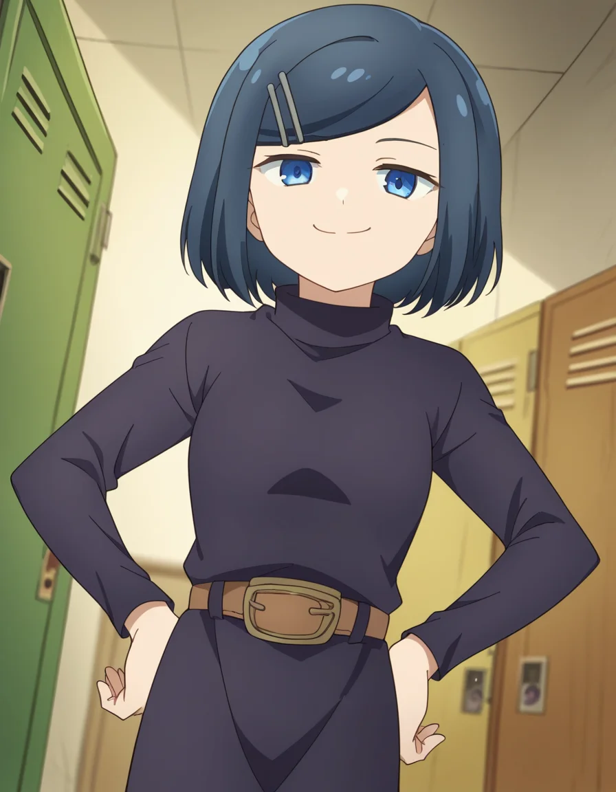 score_9, score_8_up, score_7_up, source_anime, <lora:dungeonpeople-clay-s1-ponyxl-lora-nochekaiser:1>, clay, short hair, blue eyes, black hair, hair ornament, blue hair, hairclip, swept bangs,, dress, belt, long sleeves, turtleneck,, school hallway, lockers, between classes, everyday life, smile, looking at viewer, smug, hands on hips,, solo,, cowboy shot, dutch angle